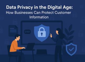 Data Privacy in the Digital Age: How Businesses Can Protect Customer Information Illustration showing data privacy in the digital age, with a man working on a laptop and a woman interacting with a large screen displaying a padlock icon, symbolizing cybersecurity and customer information protection. Background includes shield and lock icons, reinforcing digital security themes.
