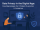 Data Privacy in the Digital Age: How Businesses Can Protect Customer Information Illustration showing data privacy in the digital age, with a man working on a laptop and a woman interacting with a large screen displaying a padlock icon, symbolizing cybersecurity and customer information protection. Background includes shield and lock icons, reinforcing digital security themes.